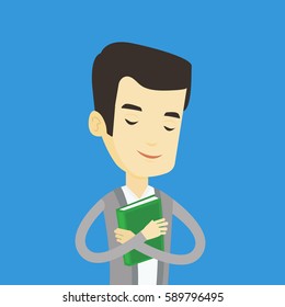 Asian smiling student hugging his book. Happy joyful student likes read books. Peaceful student with eyes closed holding a book. Concept of education. Vector flat design illustration. Square layout.