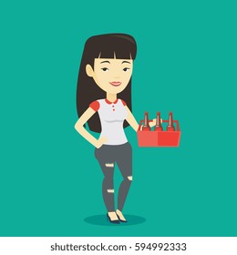 Asian Smiling Woman Buying Beer. Happy Woman Holding Pack Of Beer. Full Length Of Cheerful Woman Carrying A Six Pack Of Beer. Vector Flat Design Illustration. Square Layout.