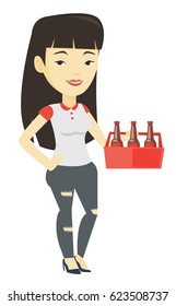 Asian Smiling Woman Buying Beer. Happy Woman Holding Pack Of Beer. Full Length Of Cheerful Woman Carrying A Six Pack Of Beer. Vector Flat Design Illustration Isolated On White Background.