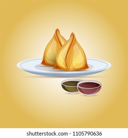 Asian snack, Samosa with tomato and chili chutney.
