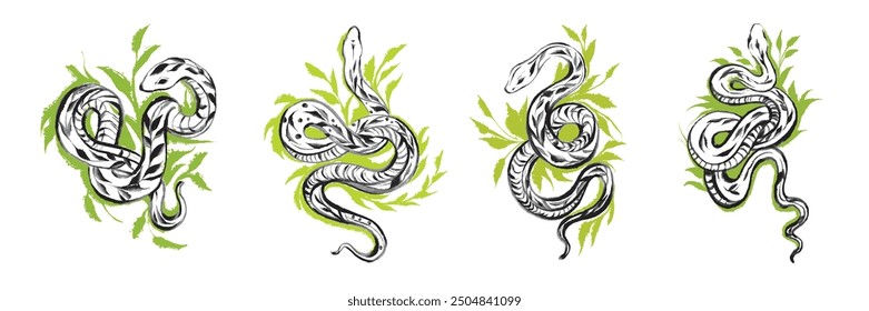 Asian snake collection, brushstroke reptile green tattoo decoration Japanese New Year 2025 symbol. Watercolor vector abstract oriental venomous hand drawing art exotic viper print. Asian snake clipart