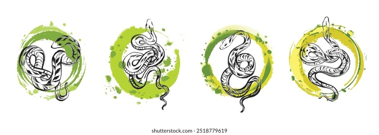 Coleção de cobras asiáticas, tatuagem verde réptil pincelada decoração símbolo japonês Ano Novo 2025. Watercolor vetor abstrato oriental mão venenosa desenho arte exótica viper impressão. Clipart de cobra asiática