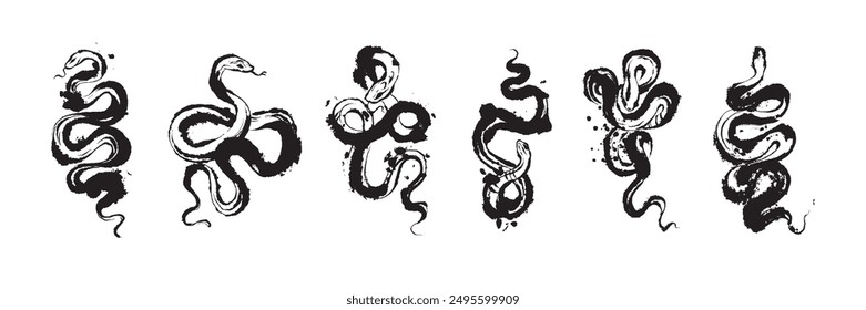 Asian snake collection, reptile brushstroke tattoo, vector Japanese 2025 New Year decoration symbol. Watercolor abstract oriental venomous hand drawing art, exotic viper print. Asian snake clipart