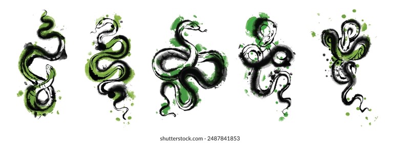 Asian snake collection, tattoo Japanese New Year 2025 reptile symbol green brushstroke decoration. Watercolor vector abstract oriental venomous hand drawing art exotic viper print. Asian snake clipart