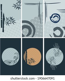 Asian Social Media stories Layout. Vector set of Japanese template in abstract style for womenly profile, social media, mobile app. Orienatal Japanese stories set with bamboo, wave, koi-fish, seigaiha