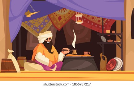 Asian souk cartoon background with arabic man making traditional eastern coffee under trade tent with carpets vector illustration