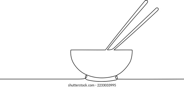 Asian soup in bowl and chopsticks continuous line vector illustration