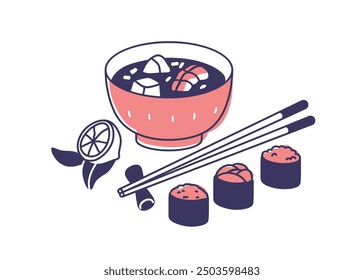 Asian soup bowl and sushi rolls, Japanese gunkan maki. Japan meal, traditional Asia cuisine, dishes, food served with chopsticks. Flat graphic vector illustration isolated on white background