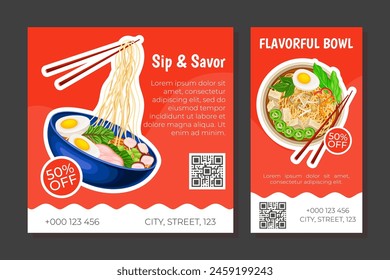 Asian Soup Food Banner Design with Tasty Noodle Dish in Bowl with Chopstick Vector Template