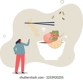 Asian soup with noodles and shrimp.restaurants concept.flat vector illustration.