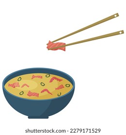 Asian soup with salmon and octopus. Illustration of tom yam with chopsticks