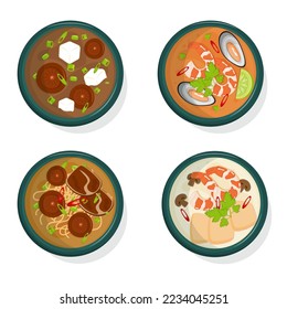 Asian soup set with different fillings. Top view.