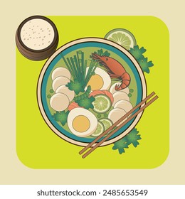 Asian soup, top view. icon, vector illustration, flat style
