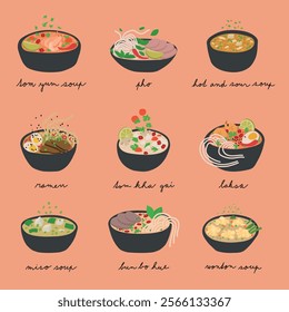 Asian Soups: Tom Yum, Pho, Hot and Sour, Ramen, Tom Kha Gai, Laksa, Miso, Bun Bo Hue, and Wonton Soup