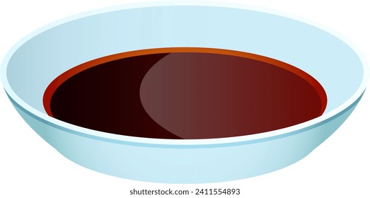 Asian soybean black sauce, concept bowl realistic dressing, food dip for rice cartoon vector illustration, isolated on white. Soy plate japanese shoyu, tableware with vegan seasoning.