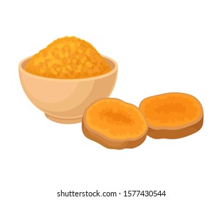 Asian Spice Turmeric Golden Powder In Bowl Vector Illustration