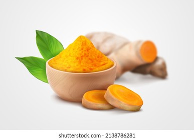 Asian spice turmeric in a wooden bowl. Vector illustration.