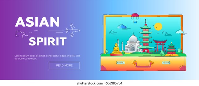 Asian Spirit - modern vector line travel web page header illustration. Discover India, Japan, France, Israel. World famous landmarks in a suitcase - Buddha , torii, mosque, taj mahal