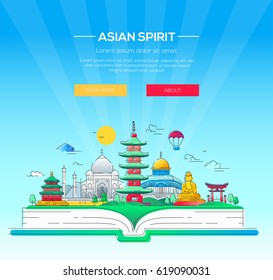 Asian Spirit - modern vector line travel illustration. Discover India, Japan. Have a trip, enjoy your vacation. Be on a journey. Landmarks on a book - buddha , torii, mosque, taj mahal