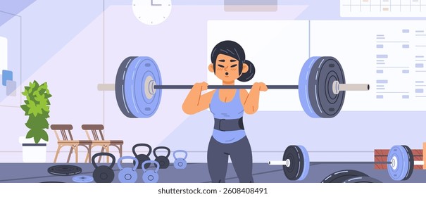 Asian sport woman lifting barbell at gym. Strength training flat vector illustration
