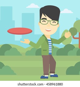 An asian sportive man playing flying disc in the park. Man throwing a flying disc. Sportsman catching flying disc outdoors. Vector flat design illustration. Square layout.