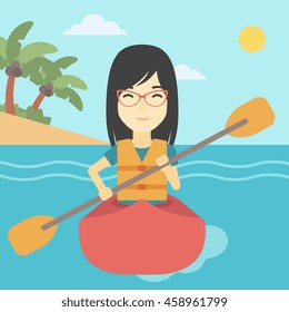 An asian sports woman riding in a kayak in the sea. Young woman traveling by kayak. Female kayaker paddling. Woman paddling a canoe. Vector flat design illustration. Square layout.