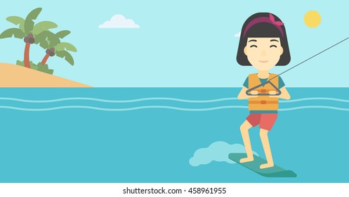An asian sports woman wakeboarding on the sea. Wakeboarder making tricks. Woman studying wakeboarding. Young woman riding wakeboard. Vector flat design illustration. Horizontal layout.