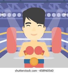 An asian sportsman in boxing gloves. Young professional male boxer standing in the boxing ring. Vector flat design illustration. Square layout.