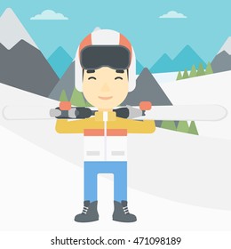 An asian sportsman carrying skis on his shoulders on the background of snow capped mountains. Vector flat design illustration. Square layout.