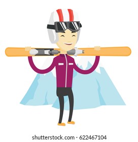 Asian sportsman carrying skis. Sportsman standing with skis on his shoulders on the background of snow capped mountain. Young man skiing. Vector flat design illustration isolated on white background.