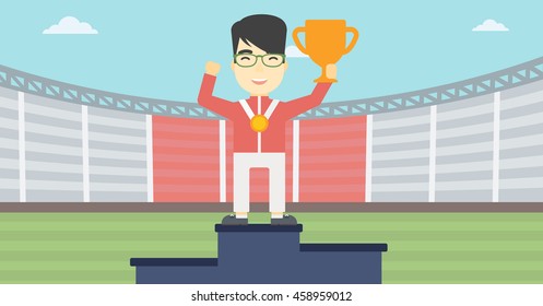 An asian sportsman celebrating on the winners podium. Young man with gold medal and trophy cup standing on the winners podium. Winner concept. Vector flat design illustration. Horizontal layout.