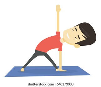 Asian sportsman meditating in yoga triangle position. Sportsman standing in yoga triangle position. Young sporty man doing yoga on the mat. Vector flat design illustration isolated on white background