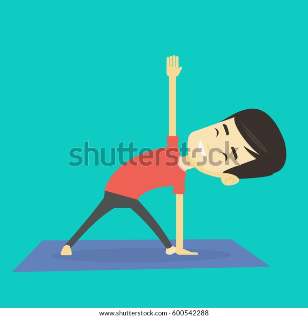 Asian sportsman meditating in yoga triangle\
position. Cheerful sportsman standing in yoga triangle position.\
Young sporty man doing yoga on the mat. Vector flat design\
illustration. Square\
layout.