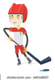 Asian sportsman playing ice hockey. Young ice hockey player in uniform skating on a rink. Smiling ice hockey player with a stick and puck. Vector flat design illustration isolated on white background.