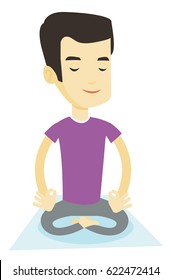 Asian sportsman relaxing in the yoga lotus position. Young sportsman meditating in yoga lotus position. Sporty man doing yoga on the mat. Vector flat design illustration isolated on white background.