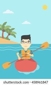 An asian sportsman riding in a kayak in the sea. Young man traveling by kayak. Male kayaker paddling. Man paddling a canoe. Vector flat design illustration. Vertical layout.