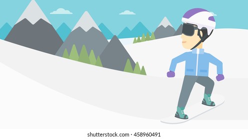 An asian sportsman snowboarding on the background of snow capped mountain. Young man snowboarding in the mountains. Vector flat design illustration. Horizontal layout.
