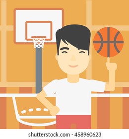 An asian sportsman spinning basketball ball on his finger. Young professional basketball player standing on the basketball court. Vector flat design illustration. Square layout.