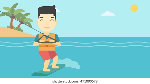 An asian sportsman wakeboarding on the sea. Wakeboarder making tricks. Man studying wakeboarding. Young man riding wakeboard. Vector flat design illustration. Horizontal layout.