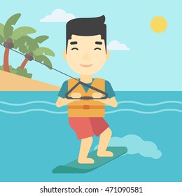 An asian sportsman wakeboarding on the sea. Wakeboarder making tricks. Man studying wakeboarding. Young man riding wakeboard. Vector flat design illustration. Square layout.
