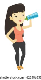 Asian sportswoman drinking water. Young sportswoman standing with bottle of water. Smiling sportswoman drinking water from the bottle. Vector flat design illustration isolated on white background.
