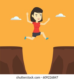 Asian sportswoman jumping across the gap from one rock to another. Smiling sportswoman jumping over rocks with gap. Young sportswoman running. Vector flat design illustration. Square layout.
