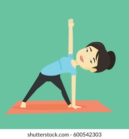 Asian sportswoman meditating in yoga triangle position. Cheerful sportswoman standing in yoga triangle position. Young woman doing yoga on the mat. Vector flat design illustration. Square layout.