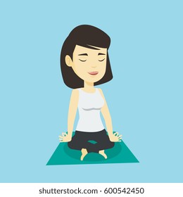 Asian sportswoman relaxing in the yoga lotus position. Young sportswoman meditating in yoga lotus position. Relaxed sporty woman doing yoga on the mat. Vector flat design illustration. Square layout.