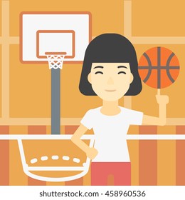 An asian sportswoman spinning basketball ball on her finger. Young professional basketball player standing on the basketball court. Vector flat design illustration. Square layout.