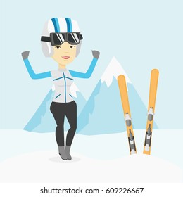 Asian sportswoman standing with skis on the background of snowy mountains. Young woman skiing. Cheerful skier resting in the mountains during sunny day. Vector flat design illustration. Square layout.