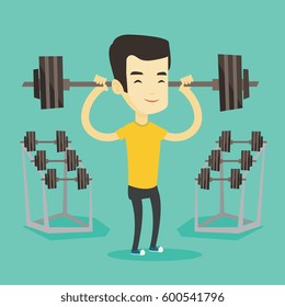 Asian sporty man lifting a heavy weight barbell. Strong weightlifter doing exercise with barbell. Young weightlifter holding a barbell in the gym. Vector flat design illustration. Square layout.