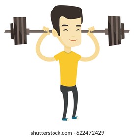 Asian sporty man lifting a heavy weight barbell. Strong weightlifter doing exercise with barbell. Young weightlifter holding a barbell. Vector flat design illustration isolated on white background.