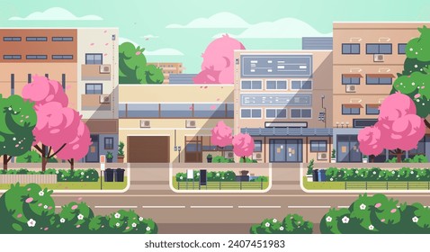 El paisaje de la ciudad de primavera asiática con el floreciente cerezo oriental. Calle coreana con edificios y árboles Vector fondo para el juego.