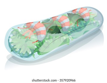 Asian Spring Roll/
Illustration Of An Appetizing Cartoon Asian Spring Roll Icon, Exotic Specialty With Shrimps, Lettuce Salad, Carrot And Mint For Asian Food Restaurants